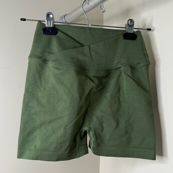 Like New Ribbed Olive Athletic Shorts with Cross Waist and Scrunch Lifting Butt - Picture 2 of 5